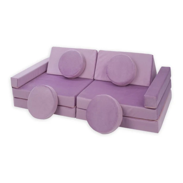 Liliowa sofa modułowa dla dzieci 10 elementów – zestaw mebli piankowych do zabawy