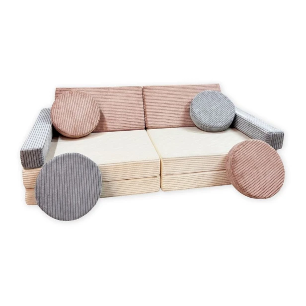 Trójkolorowa sofa modułowa 10 el. ze sztruksu – designerski i miękki plac zabaw w domu