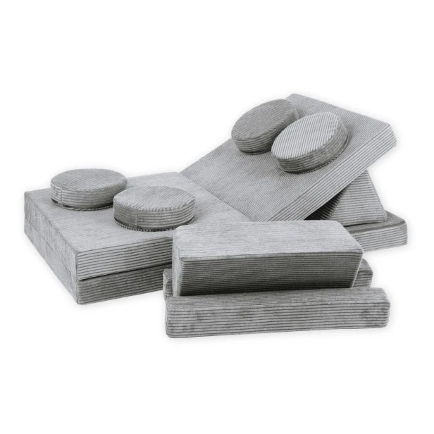 Jasnoszara sofa modułowa 10 el. ze sztruksu – jasne klocki piankowe do budowania