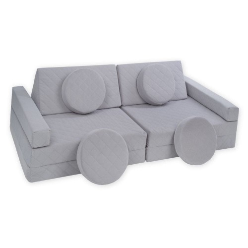 Szara sofa modułowa 10 el. pikowana – elegancka kanapa piankowa dla dzieci