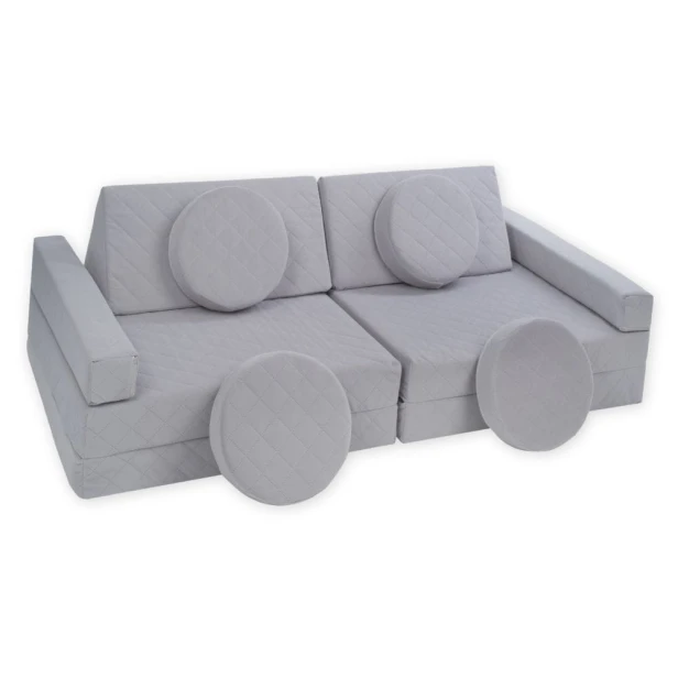 Szara sofa modułowa 10 el. pikowana – elegancka kanapa piankowa dla dzieci