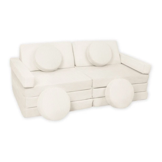 Beżowa sofa modułowa 14 el. ze sztruksu – jasny piankowy plac zabaw w stylu boho