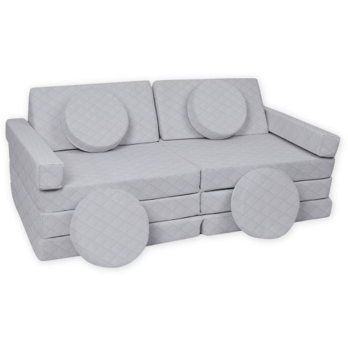 Szara sofa modułowa 14 el. pikowana – elegancki piankowy plac zabaw w stylu glamour