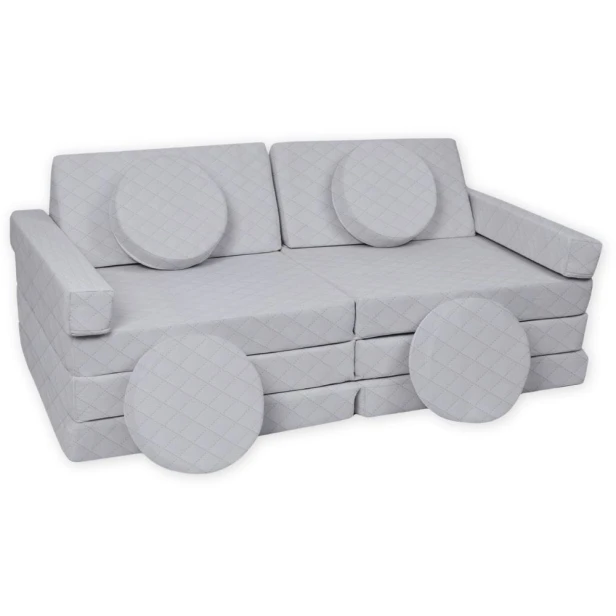 Szara sofa modułowa 14 el. pikowana – elegancki piankowy plac zabaw w stylu glamour