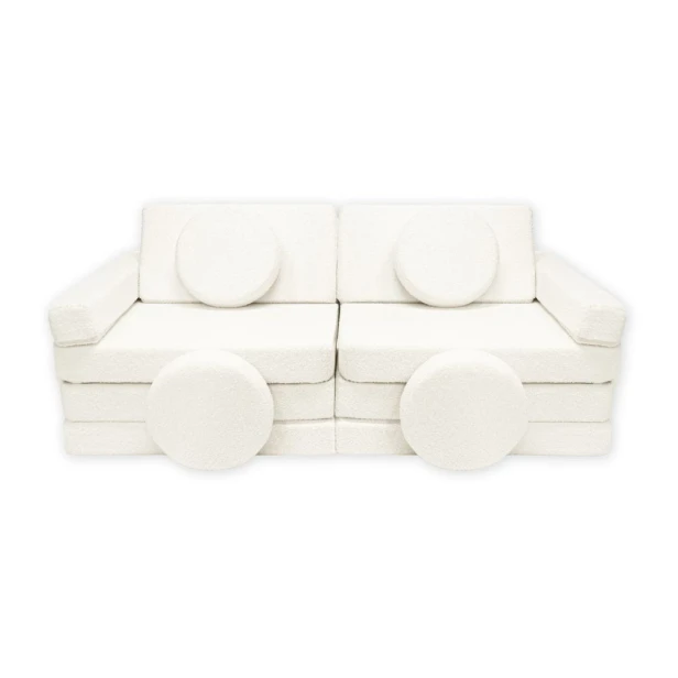 Jasna sofa modułowa 14 el. ecru beż – ekskluzywne meble piankowe z bukli (boucle) do pokoju dziecka