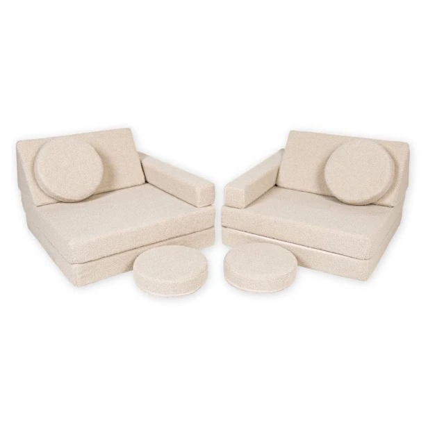 Sofa modułowa bukla rozłożona na dwa fotele dziecięce – wielofunkcyjne meble piankowe boucle